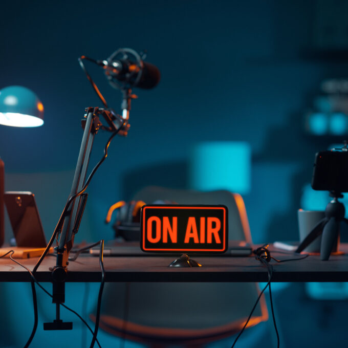 Live online radio studio with on air sign