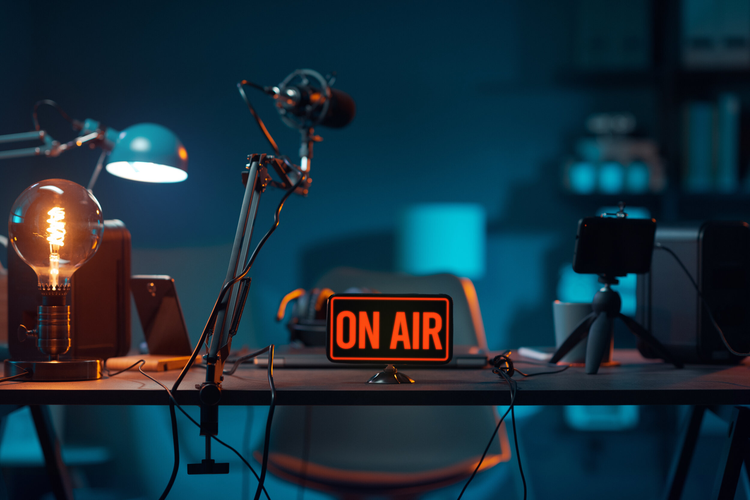 Live online radio studio with on air sign Live online radio studio with on air sign